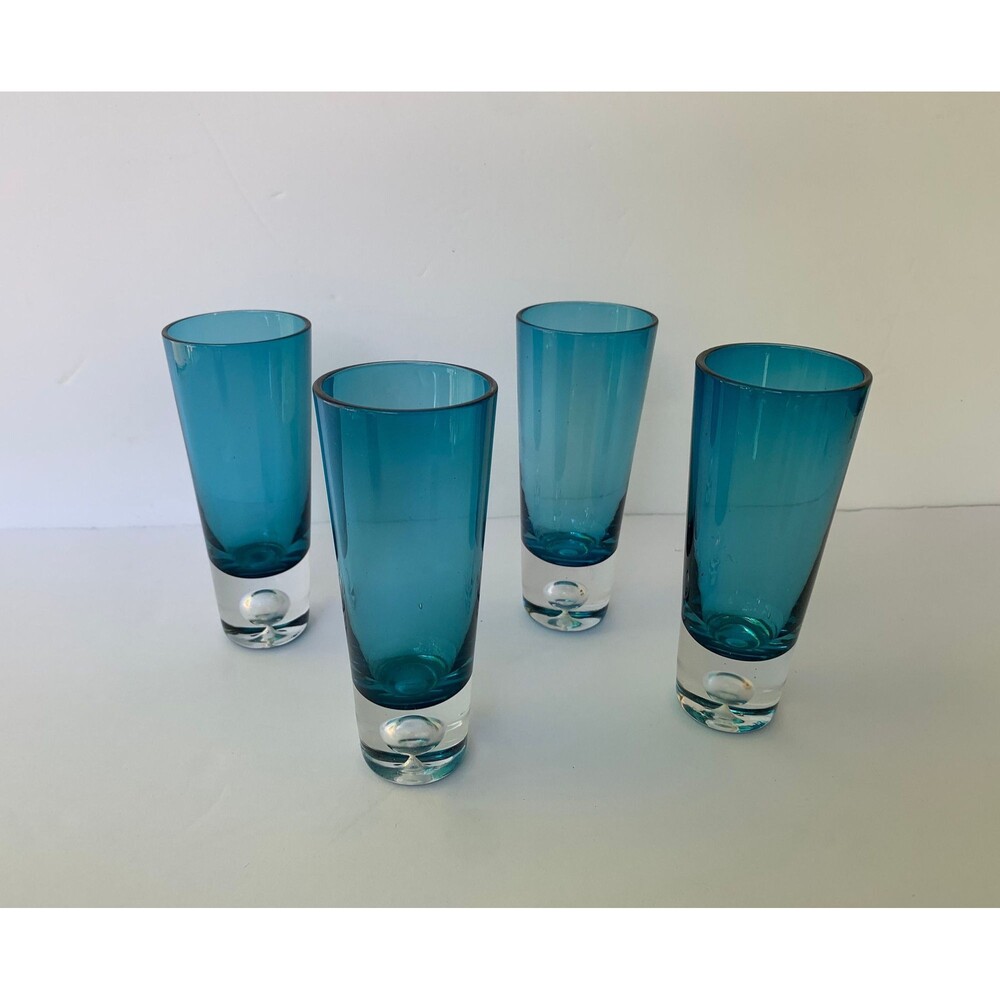 4 Vintage 1990s Azure Blue Krosno Vodka Shot Glasses - Suspended Bubble Base